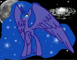 Size: 1017x786 | Tagged: alicorn, artist:bouclethe42, derpibooru import, galaxy, large mane, large wings, moon, princess luna, safe, solo, wings