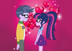 Size: 1280x907 | Tagged: safe, artist:supersamyoshi, derpibooru import, microchips, sci-twi, twilight sparkle, equestria girls, clothes, female, glasses, heart, love, male, microlight, shipping, skirt, straight