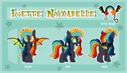 Size: 4100x2370 | Tagged: safe, artist:oyks, derpibooru import, oc, oc:ivette nyxabelle, bat pony, bat pony oc, bat wings, bow, reference, reference sheet, vector, wings