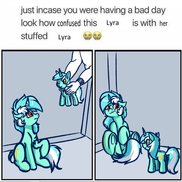 Size: 4000x4000 | Tagged: safe, artist:witchtaunter, derpibooru import, lyra heartstrings, pony, unicorn, absurd resolution, behaving like a dog, confused, female, frog (hoof), l.u.l.s., lyra plushie, mare, meme, offscreen character, offscreen human, parody, parody of a parody, plushie, ponified animal photo, self plushidox, sitting, uncomfortable, underhoof