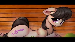 Size: 1796x1011 | Tagged: safe, artist:hitbass, derpibooru import, octavia melody, earth pony, pony, blushing, butt, cute, eyelashes, female, floppy ears, laying on stomach, looking at you, mare, open mouth, prone, solo, tavibetes, treblebutt