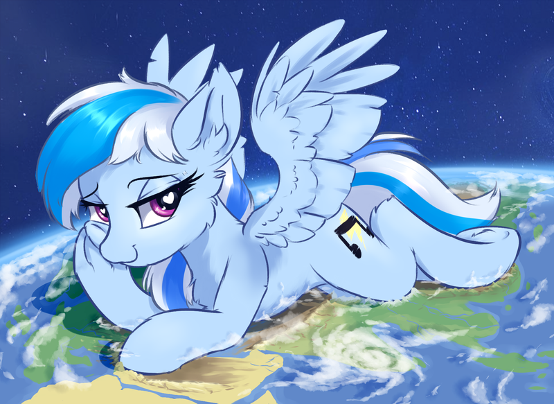 Size: 1828x1332 | Tagged: semi-grimdark, artist:ravistdash, derpibooru import, oc, oc:ravist, pegasus, pony, bedroom eyes, cloud, destruction, ear fluff, earth, giant pony, giga giant, heart eyes, lying down, macro, ocean, planet, simple background, solo, space, space station, spaceship, underhoof, wingding eyes, wings