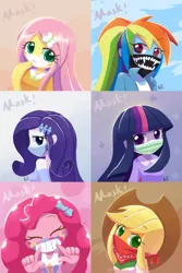 Size: 1000x1500 | Tagged: safe, artist:howxu, derpibooru import, applejack, fluttershy, pinkie pie, rainbow dash, rarity, sci-twi, twilight sparkle, equestria girls, bandana, coronavirus, covid-19, eyes closed, face mask, female, humane five, humane six, looking at you, mask, surgical mask