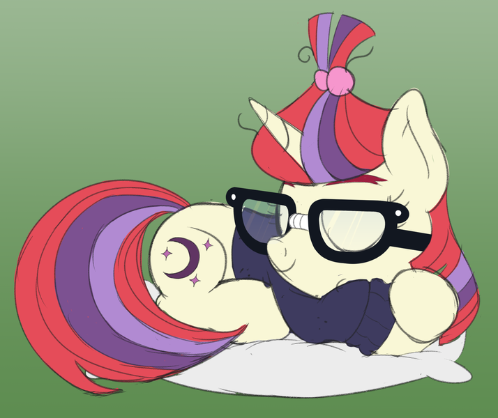 Size: 1725x1450 | Tagged: safe, artist:nitei, derpibooru import, moondancer, pony, unicorn, atg 2020, clothes, eyes closed, female, glasses, gradient background, hairband, mare, newbie artist training grounds, pillow, prone, sleeping, solo