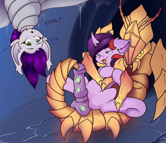 Size: 2000x1722 | Tagged: explicit, artist:urpone, derpibooru import, oc, oc:aishu, oc:meng xin, unofficial characters only, bat pony, insect, pony, spider, unicorn, bat pony oc, bat wings, blushing, bondage, egg, insertion, laying an egg, monster, oviposition, spider web, tentacle bondage, tentacle porn, tentacles, tied up, underhoof, urethral insertion, wings