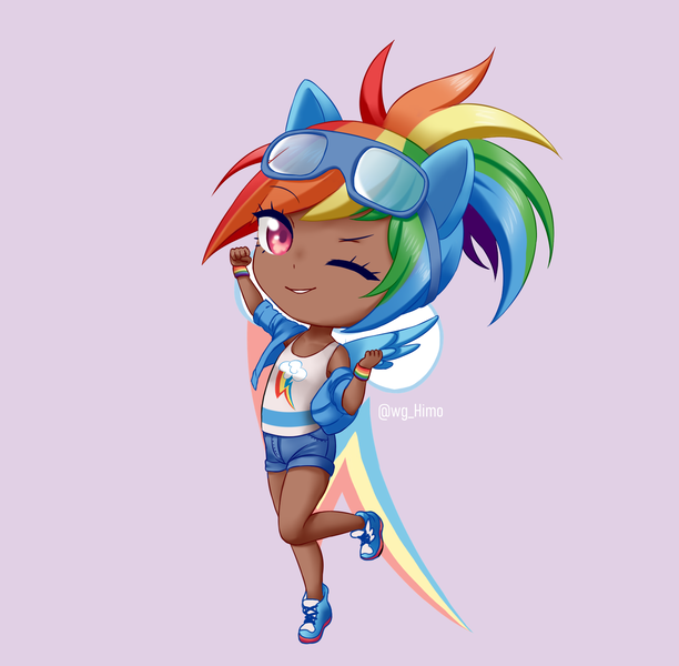 Size: 1410x1383 | Tagged: safe, artist:himo, derpibooru import, kotobukiya, rainbow dash, human, cute, cutie mark background, dark skin, dashabetes, eared humanization, female, goggles, humanized, kotobukiya rainbow dash, looking at you, one eye closed, pixiv, purple background, simple background, smiling, solo, winged humanization, wings, wink