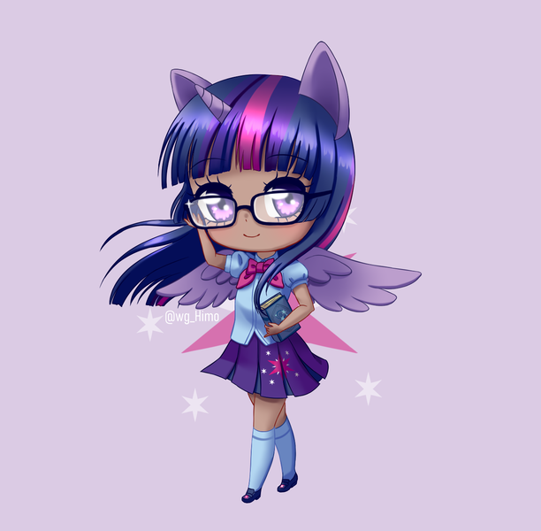 Size: 1346x1320 | Tagged: alicorn, artist:himo, book, cute, cutie mark background, derpibooru import, eared humanization, female, glasses, horn, horned humanization, human, humanized, kotobukiya, kotobukiya twilight sparkle, looking at you, pixiv, purple background, safe, simple background, solo, twiabetes, twilight sparkle, twilight sparkle (alicorn), winged humanization, wings