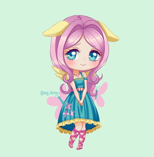 Size: 1200x1220 | Tagged: :>, artist:himo, clothes, cute, cutie mark background, derpibooru import, dress, eared humanization, female, floppy ears, fluttershy, green background, human, humanized, kotobukiya, kotobukiya fluttershy, pixiv, safe, shyabetes, simple background, solo, winged humanization, wings