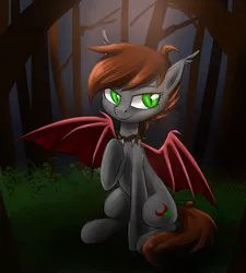 Size: 900x1000 | Tagged: safe, artist:ce2438, derpibooru import, oc, oc:darkforest, unofficial characters only, bat pony, pony, bat pony oc, bat wings, forest, jewelry, necklace, sitting, solo, spread wings, wings