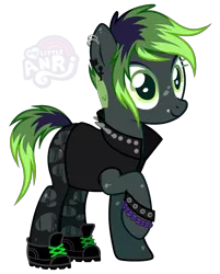 Size: 1818x2265 | Tagged: safe, artist:anri, derpibooru import, oc, oc:ax shred, unofficial characters only, earth pony, pony, boots, clothes, ear piercing, earring, female, freckles, jacket, jewelry, leather jacket, lip piercing, mare, multicolored hair, piercing, raised hoof, shoes, simple background, socks, solo, stockings, thigh highs, torn clothes, transparent background, wristband