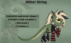 Size: 3000x1800 | Tagged: safe, artist:urzhumdraw, derpibooru import, oc, oc:slither string, unofficial characters only, original species, pony, snake, snake pony, badge, bone, boots, choker, clothes, ear piercing, earring, female, fishnets, freckles, green background, jacket, jewelry, mare, nose piercing, nose ring, piercing, pins, raised hoof, reference sheet, shoes, simple background, skull, solo, spiked choker, tongue out, tongue piercing, zoom layer