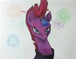 Size: 1024x794 | Tagged: safe, artist:serenityroseart, derpibooru import, fizzlepop berrytwist, tempest shadow, pony, unicorn, atg 2020, broken horn, bust, clothes, eye scar, female, fireworks, glowing horn, horn, looking at you, mare, newbie artist training grounds, portrait, scar, solo, speedpaint available, three quarter view, traditional art