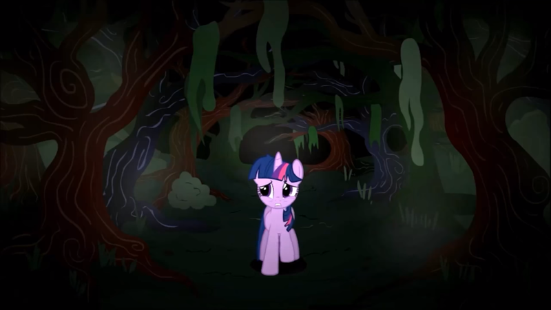 Size: 1360x765 | Tagged: safe, derpibooru import, screencap, twilight sparkle, pony, unicorn, journey of the spark, bush, female, forest, grass, limping, looking around, mare, messy mane, mist, moss, night, scar, scared, solo, tree, unicorn twilight