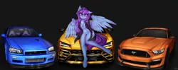 Size: 3000x1184 | Tagged: alicorn, alicorn oc, anthro, artist:pony-way, car, clothes, derpibooru import, female, ford mustang, horn, lamborghini, nissan skyline, oc, safe, solo, unguligrade anthro, wings