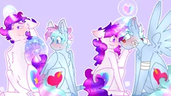 Size: 2560x1440 | Tagged: safe, artist:shinningblossom12, derpibooru import, oc, oc:anasflow maggy, oc:shining blossom, unofficial characters only, pegasus, pony, unicorn, arm behind head, bandage, bandaid, blushing, female, glowing horn, half r63 shipping, heart, horn, magic, male, mare, pegasus oc, rule 63, shipping, simple background, stallion, straight, telekinesis, unicorn oc, wings