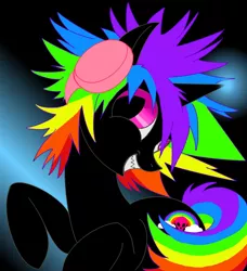 Size: 1216x1336 | Tagged: safe, artist:rikastormfeldthefox, derpibooru import, oc, oc:rainbow crack, unofficial characters only, pony, unicorn, abstract background, grin, headphones, horn, multicolored hair, rainbow hair, smiling, solo, unicorn oc