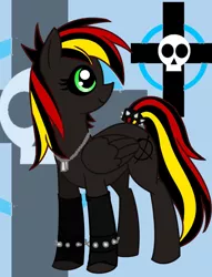 Size: 1792x2344 | Tagged: safe, artist:rikastormfeldthefox, derpibooru import, oc, oc:marker cross, unofficial characters only, pegasus, pony, bracelet, cross, eyelashes, female, jewelry, mare, necklace, pegasus oc, skull, smiling, solo, spiked wristband, tail wrap, wings, wristband