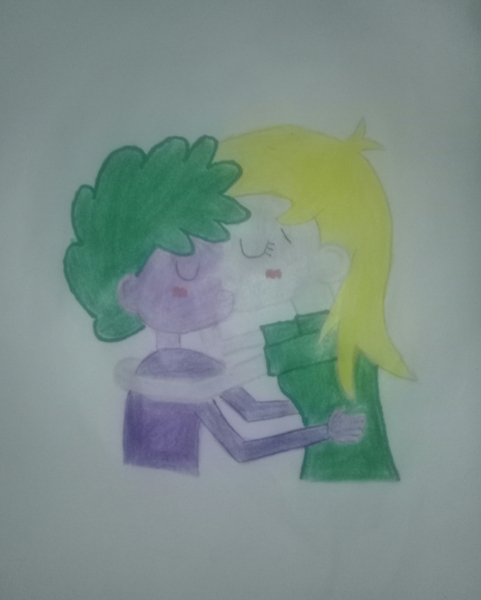 Size: 2028x2530 | Tagged: safe, derpibooru import, derpy hooves, spike, human, equestria girls, blushing, derpyspike, female, hug, human spike, humanized, kissing, male, shipping, spikelove, straight, traditional art