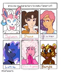 Size: 1867x2200 | Tagged: animal crossing, anthro, anthro with ponies, big cat, bust, clothes, crossover, derpibooru import, diana, ethereal mane, female, glimmer (she-ra), human, mare, peytral, pink diamond (steven universe), pokémon, princess luna, safe, she-ra and the princesses of power, six fanarts, starry mane, steven universe, sylveon, the seven deadly sins, tiger