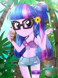 Size: 1800x2400 | Tagged: safe, artist:artmlpk, derpibooru import, sci-twi, twilight sparkle, equestria girls, adorable face, adorasexy, adorkable, alternate hairstyle, bare chest, bare shoulders, beach, beautiful, bikini, chest, clothes, cute, denim, denim shorts, dork, flower, flower in hair, food, ice cream, looking at you, ocean, palm tree, pigtails, plants, scrunchie, sexy, shorts, sleeveless, smiling, smiling at you, solo, summer, sunflower, swimsuit, tree, twiabetes, two piece swimsuit, water