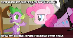 Size: 952x500 | Tagged: safe, derpibooru import, edit, edited screencap, editor:thor-disciple, screencap, pinkie pie, spike, dragon, earth pony, pony, party of one, duo, female, google, heavy metal, interrogation, male, mare, meme, music, rush, spotlight, talking