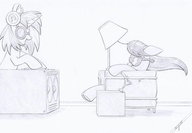 Size: 1024x711 | Tagged: safe, artist:xeviousgreenii, derpibooru import, octavia melody, vinyl scratch, pony, atg 2020, commercial reference, maxell, newbie artist training grounds, solo, traditional art