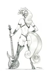 Size: 1000x1421 | Tagged: suggestive, artist:baron engel, derpibooru import, sweetie belle, anthro, unguligrade anthro, unicorn, bass guitar, boots, bra, breasts, bridle, butt, clothes, electric guitar, female, grayscale, guitar, harness, looking at you, looking back, looking back at you, looking over shoulder, mare, monochrome, musical instrument, older, older sweetie belle, panties, pencil drawing, rear view, shoes, simple background, solo, solo female, sweetie butt, tack, thigh boots, thong, traditional art, underwear, white background, wristband