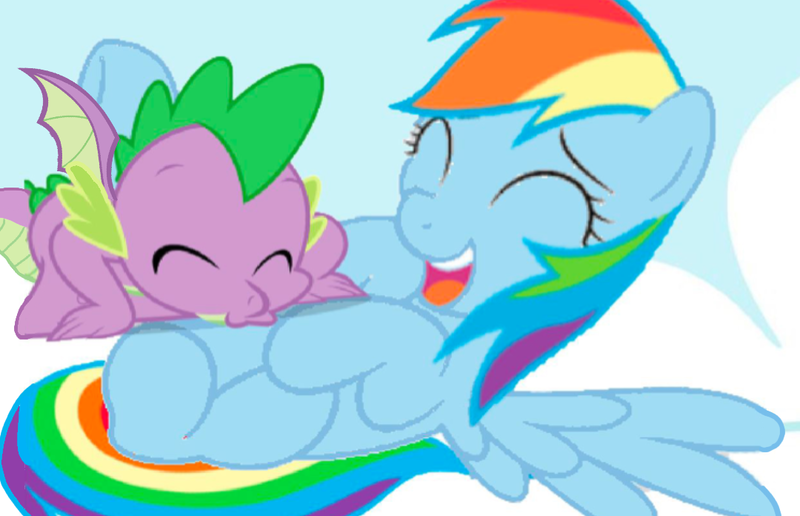 Size: 1080x696 | Tagged: safe, artist:princessdestiny200i, derpibooru import, rainbow dash, spike, dragon, pegasus, base used, blowing, cloud, cute, cuteness overload, eyes closed, female, laughing, lying down, male, on back, rainbowspike, raspberry, shipping, straight, tickling, tongue out, tummy buzz