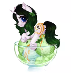 Size: 3147x3219 | Tagged: safe, artist:caramisha, derpibooru import, oc, oc:vex vixen, pony, unicorn, black and green, black rose, blue ice cream, cute, food, glass, glass bowl, ice cream, ice cream bowl, mint ice cream, moon, peppermint, signature, simple background, solo, white background