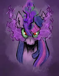 Size: 2163x2772 | Tagged: safe, artist:alystown, derpibooru import, twilight sparkle, pony, bust, colored horn, corrupted, corrupted twilight sparkle, curved horn, dark magic, dark queen, dark twilight, dark twilight sparkle, darklight, darklight sparkle, evil twilight, female, glowing horn, horn, magic, queen twilight, queen twilight sparkle, solo, sombra eyes, sombra horn, tyrant sparkle