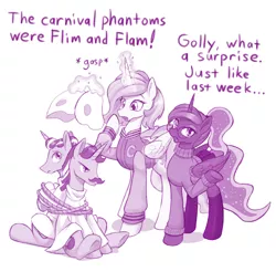 Size: 1280x1257 | Tagged: safe, artist:dstears, derpibooru import, flam, flim, princess celestia, princess luna, alicorn, pony, unicorn, bound together, clothes, cosplay, costume, crossover, digital art, female, flim flam brothers, fred jones, glasses, magic, male, mare, monochrome, newbie artist training grounds, raised hoof, royal sisters, sarcasm, scooby doo, simple background, stallion, sweater, telekinesis, tied up, turtleneck, velma dinkley, white background