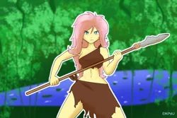 Size: 1000x667 | Tagged: safe, artist:empyu, derpibooru import, fluttershy, equestria girls, 45 minute art challenge, alternate timeline, badass, belly button, chrysalis resistance timeline, female, flutterbadass, jungle, jungle girl, leaves, lilypad, looking at you, outline, solo, spear, tribal, tribalshy, water, weapon