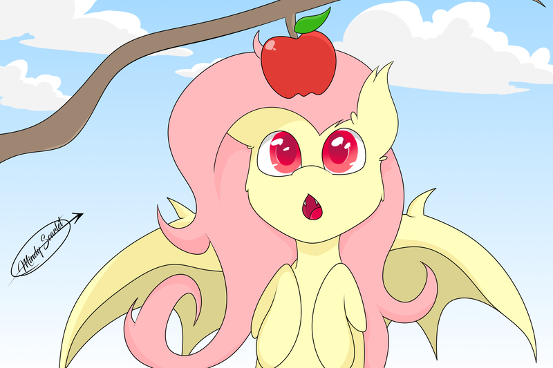 Size: 3000x1998 | Tagged: safe, artist:m. scarlet, derpibooru import, fluttershy, bat pony, pegasus, pony, apple, bat ponified, colored pupils, cute, fangs, flutterbat, food, race swap, shyabates, shyabetes, solo