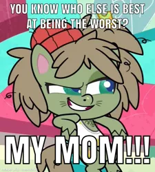 Size: 1081x1200 | Tagged: safe, derpibooru import, edit, edited screencap, screencap, dishwater slog, pony, my little pony: pony life, the best of the worst, spoiler:pony life s01e02, caption, cropped, excessive exclamation marks, image macro, meme, muscle man, reference, regular show, smiling, smirk, smug, text