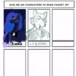 Size: 1080x1080 | Tagged: safe, artist:danigrilloart, derpibooru import, princess luna, alicorn, anthro, pony, wolf, six fanarts, anthro with ponies, beastars, bust, clothes, crossover, ethereal mane, female, hoof shoes, legosi (beastars), mare, peytral, starry mane, wip