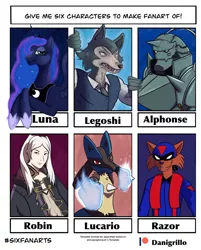 Size: 1250x1555 | Tagged: safe, artist:danigrilloart, derpibooru import, princess luna, alicorn, anthro, cat, lucario, pony, robot, wolf, six fanarts, alphonse elric, angry, anthro with ponies, beastars, bust, clothes, crossover, ethereal mane, female, fire emblem, fullmetal alchemist, helmet, hoof shoes, legosi (beastars), male, mare, mask, necktie, peytral, pokémon, razor, robin (fire emblem), starry mane, stylus, swat kats, tablet, wip