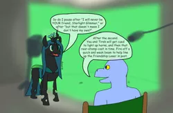 Size: 1728x1137 | Tagged: a better ending for chrysalis, animated actors, artist:dzamie, behind the scenes, boom mic, changeling, changeling queen, colored, derpibooru import, digital art, duo, female, green screen, kobold, male, microphone, oc, queen chrysalis, safe