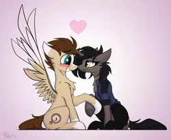 Size: 3640x2991 | Tagged: safe, artist:fenixdust, derpibooru import, oc, oc:ivy, oc:skittle, pegasus, pony, unicorn, chest fluff, clothes, female, heart, holding hooves, hoof hold, jacket, looking at each other, male, mare, oc x oc, shipping, sitting, smiling, socks, stallion, straight