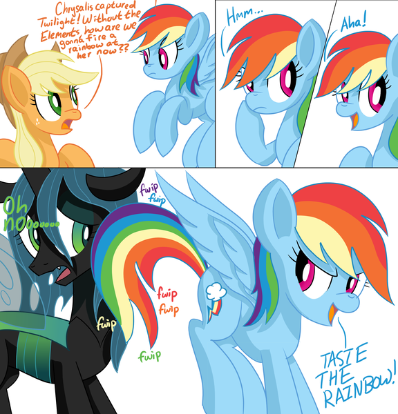 Size: 1920x2000 | Tagged: safe, artist:notadeliciouspotato, derpibooru import, applejack, queen chrysalis, rainbow dash, changeling, changeling queen, earth pony, pegasus, pony, atg 2020, comic, dialogue, female, flying, frown, genius, mare, newbie artist training grounds, open mouth, smiling, speech bubble, spread wings, thinking, wings