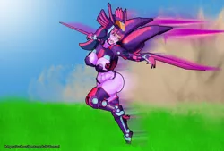 Size: 2300x1551 | Tagged: suggestive, artist:danaelfer, derpibooru import, shining armor, twilight sparkle, equestria girls, big breasts, blade, blade liger, breasts, combat, female, fight, large butt, mecha, mecha musume, motion blur, nipple slip, nipples, nudity, sexy, sexy armor, solo, wardrobe malfunction, zoids