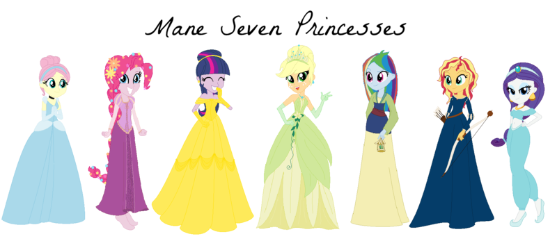 Size: 1842x798 | Tagged: safe, artist:allegro15, artist:selenaede, derpibooru import, applejack, fluttershy, pinkie pie, rainbow dash, rarity, sunset shimmer, twilight sparkle, twilight sparkle (alicorn), alicorn, human, equestria girls, aladdin, alternate hairstyle, arrow, barefoot, barely eqg related, base used, beauty and the beast, belle, bow (weapon), brave, brave (movie), cinderella, cindershy, clothes, crossover, crown, disney, disney princess, dress, ear piercing, earring, fa mulan, feet, flower, flower in hair, gloves, gown, jewelry, lantern, merida, mulan, necklace, piercing, ponytail, princess belle, rapunzel, regalia, shoes, simple background, the princess and the frog, tiana, transparent background