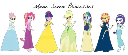 Size: 1842x798 | Tagged: safe, artist:allegro15, artist:selenaede, derpibooru import, applejack, fluttershy, pinkie pie, rainbow dash, rarity, sunset shimmer, twilight sparkle, twilight sparkle (alicorn), alicorn, human, equestria girls, aladdin, alternate hairstyle, arrow, barefoot, barely eqg related, base used, beauty and the beast, belle, bow (weapon), brave, brave (movie), cinderella, cindershy, clothes, crossover, crown, disney, disney princess, dress, ear piercing, earring, fa mulan, feet, flower, flower in hair, gloves, gown, jewelry, lantern, merida, mulan, necklace, piercing, ponytail, princess belle, rapunzel, regalia, shoes, simple background, the princess and the frog, tiana, transparent background