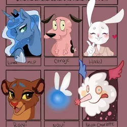 Size: 828x828 | Tagged: dead source, safe, artist:gut_cakee, derpibooru import, princess luna, alicorn, anthro, big cat, fairy, lion, pony, six fanarts, anthro with ponies, beastars, blushing, bust, clothes, courage the cowardly dog, crossover, female, haru (beastars), heart, jewelry, licking, licking lips, mare, navi, peytral, puella magi madoka magica, rani, smiling, the legend of zelda, the lion guard, tiara, tongue out