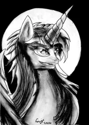 Size: 2062x2907 | Tagged: alicorn, artist:qwixlochflow, bust, charcoal drawing, derpibooru import, oc, oc:fausticorn, oc:tau sunflare, safe, solo, traditional art