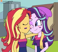 Size: 4541x4053 | Tagged: safe, artist:eagc7, derpibooru import, starlight glimmer, sunset shimmer, equestria girls, beanie, bisexual, bisexual pride flag, blushing, clothes, commission, dress, face paint, female, hat, kiss on the cheek, kissing, ko-fi, lesbian, patreon, pride, pride flag, pride month, shimmerglimmer, shipping, shirt, sleeveless, t-shirt, tanktop