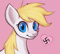 Size: 1475x1323 | Tagged: safe, anonymous artist, derpibooru import, oc, oc:aryanne, unofficial characters only, earth pony, pony, art pack:marenheit 451, /mlp/, :t, bust, cute, female, heart, looking at you, mare, nazi, pink background, simple background, smiling, swastika