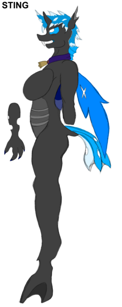 Size: 4000x10000 | Tagged: anthro, big breasts, breasts, busty changeling, changeling, changeling oc, clothes, colored, derpibooru import, female, oc, oc:sting, simple background, sketch, solo, suggestive, transparent background, unguligrade anthro, unofficial characters only, wip