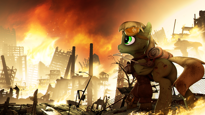 Size: 3840x2160 | Tagged: safe, artist:wintergleam, deleted from derpibooru, derpibooru import, oc, oc:murky, pegasus, pony, fallout equestria, fallout equestria: murky number seven, 3d, battle saddle, bruised, canteen, city, clothes, cutie mark, destruction, fanfic art, fillydelphia, fire, goggles, grappling hook, male, pipbuck, ruined city, scar, scenery, solo, source filmmaker, stallion, tail, wings