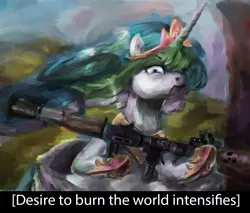 Size: 1379x1176 | Tagged: alicorn, angry, artist:toisanemoif, badass, derpibooru import, edit, jewelry, looking at you, meme, princess celestia, regalia, rocket launcher, safe, sitting, solo, some mares just want to watch the world burn, weapon