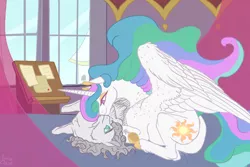 Size: 1500x1000 | Tagged: bed, bedroom, derpibooru import, lightestia, oc, oc:light knight, princess celestia, safe, shipping